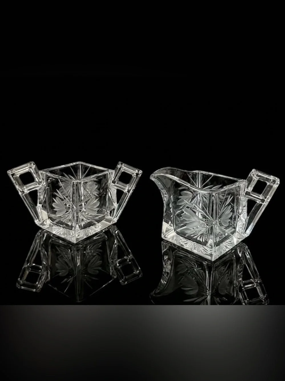 Heisey Art Deco Geometric Cut Glass Creamer and Sugar Set Clear Etched Florals